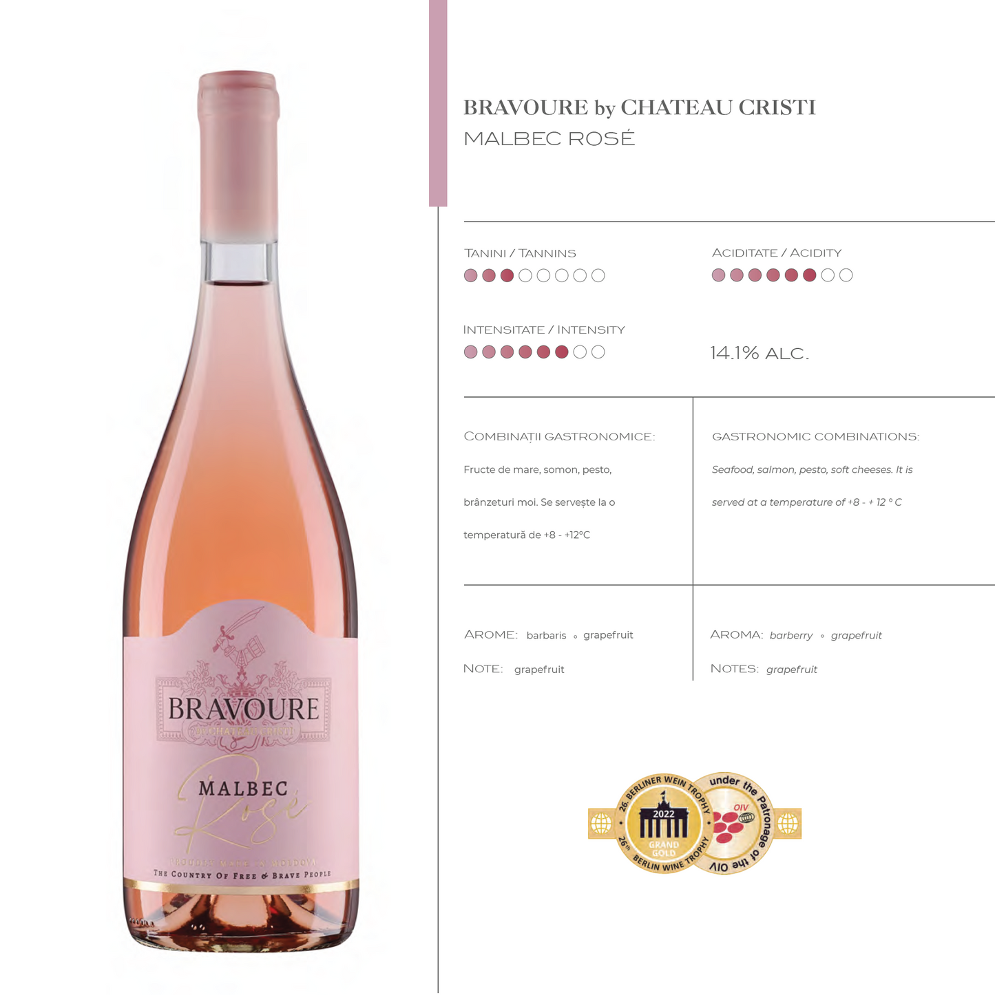 Fisa tehnica Bravoure Malbec Rose vin rose Moldova Chateau Cristi