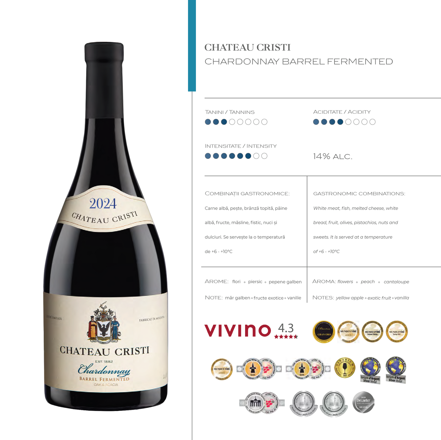 Fisa tehnica Chateau Cristi Chardonnay Barrel Fermented – vin alb premium Valul lui Traian