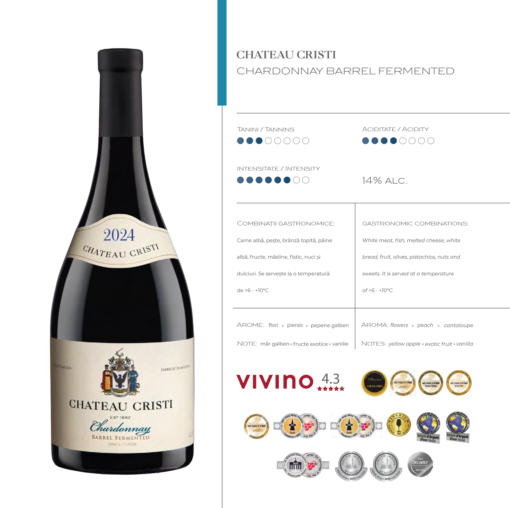 Fisa tehnica Chateau Cristi Chardonnay Barrel Fermented – vin alb premium Valul lui Traian