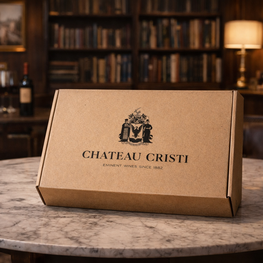 Cutie vinuri Prestige Chateau Cristi pe masa de marmura intr-o biblioteca eleganta, selectie premium de vinuri pentru cadou special
