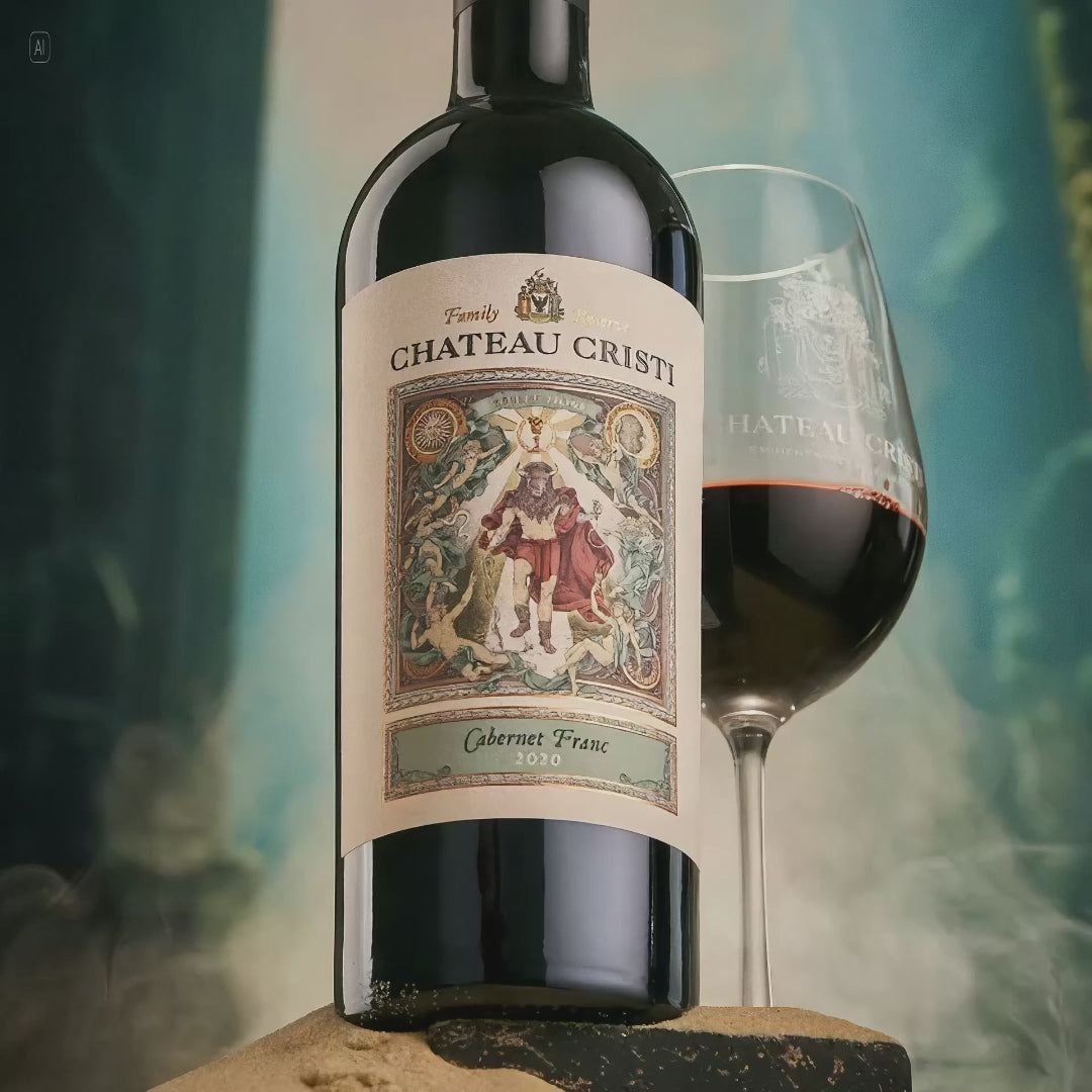 Video cu sticla Chateau Cristi Family Reserve Cabernet Franc 2020 langa pahar de vin rosu