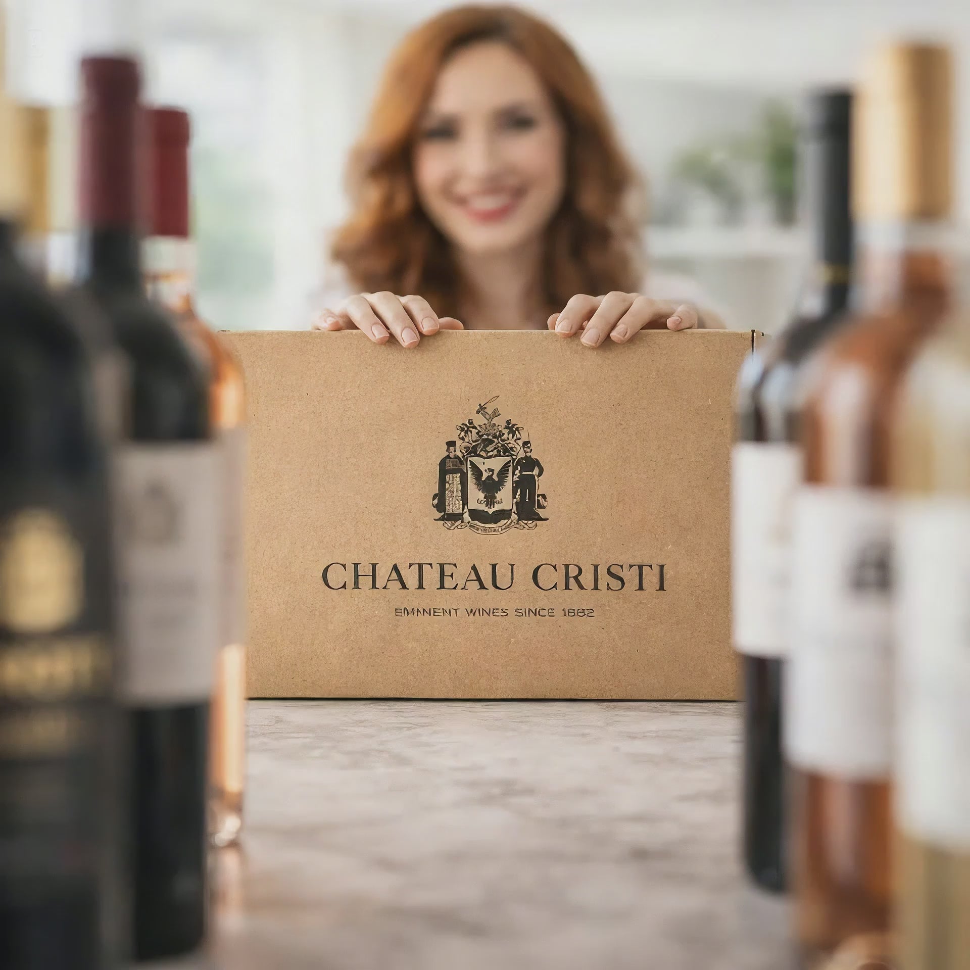 Cutie de vin Chateau Cristi cu selectie de sticle pe masa, pentru pachet degustare vin