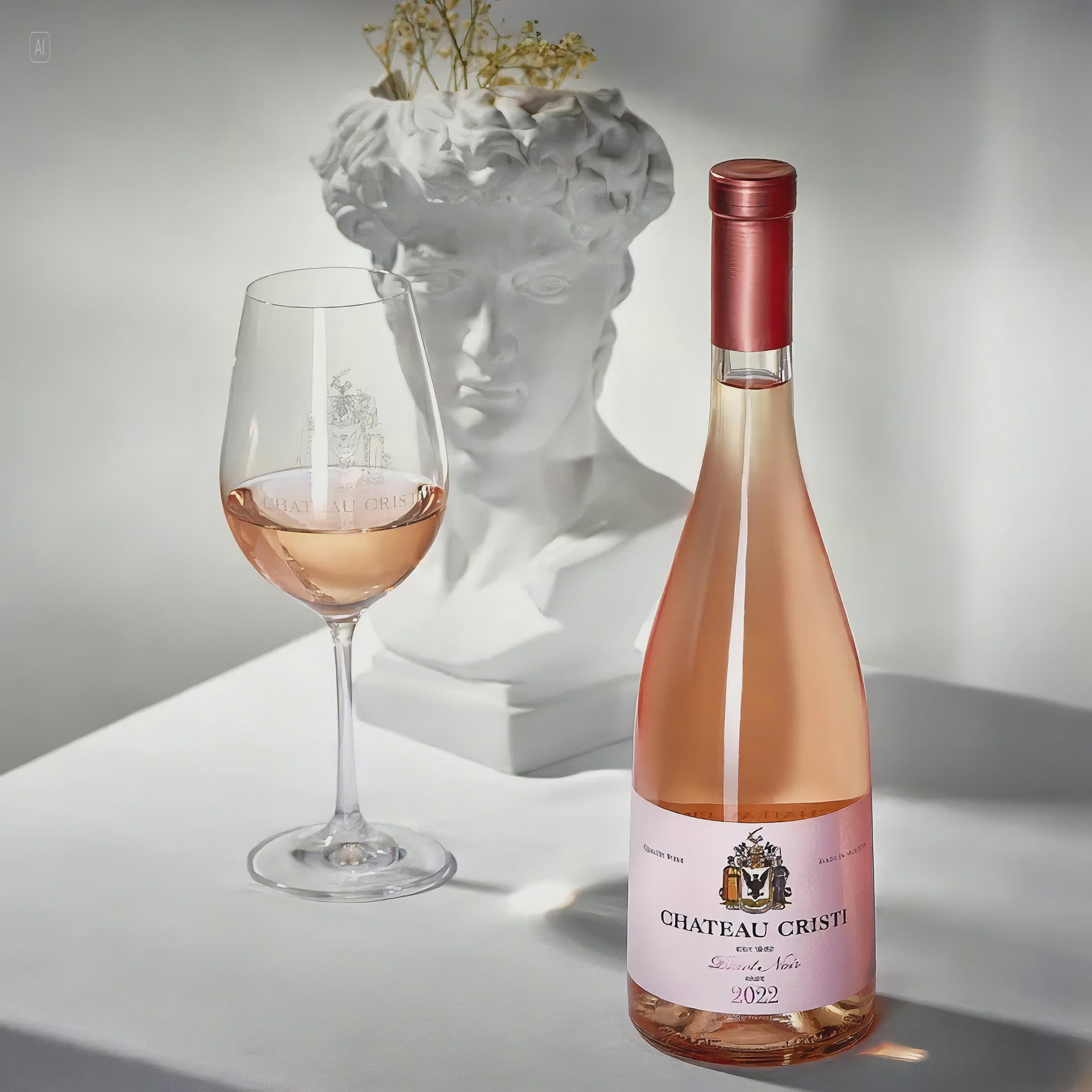 Sticla Chateau Cristi Pinot Noir Rose 2022 langa un pahar de vin rose, pe fundal bust clasic alb