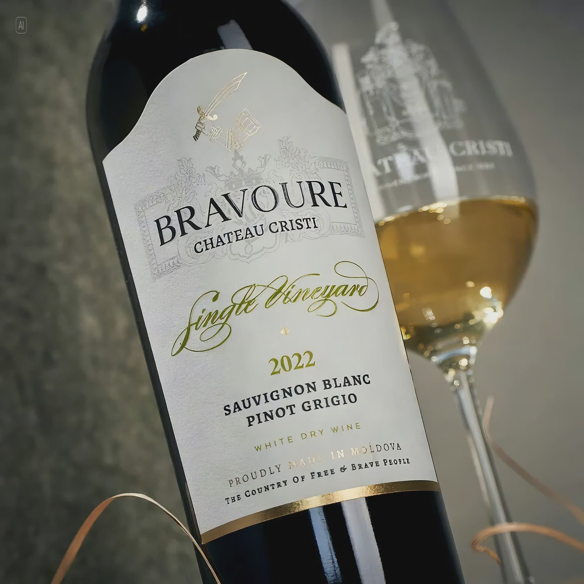 Video cu sticla Bravoure Chateau Cristi Sauvignon Blanc Pinot Grigio 2022 si pahar de vin alb