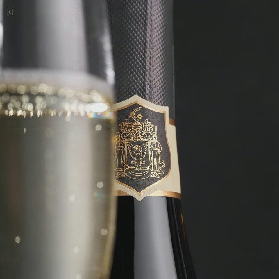 Video produs cu spumant Chateau Cristi Blanc de Noirs servit in pahar langa sticla